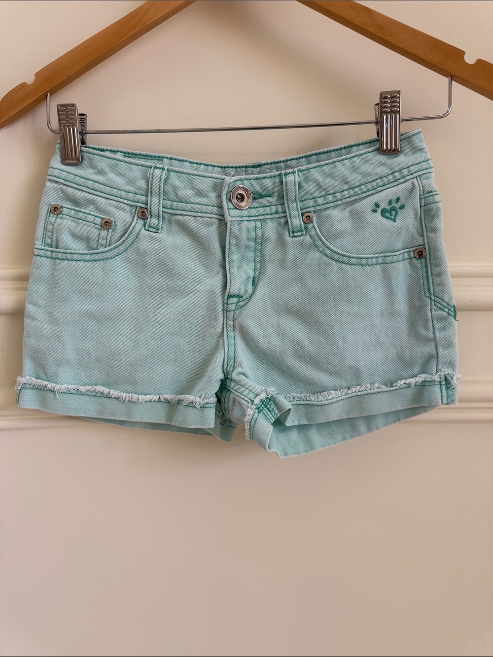 Justice Girls Mint Wash Denim Shorts with Embroidery